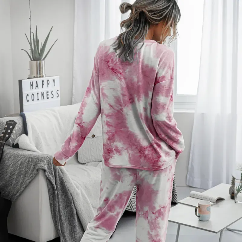 Tweedelige broek voor dames Casual Tie Dye Loungewear met lange mouwen Gedrukte ronde nek pulloverleisure damesset