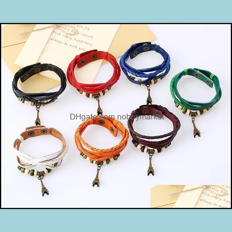 Tennis Multi Layers Colorful Genuine Leather Bracelets Wood Beads+Tower Pendant Handmade Bangles Unisex Jewelry Decorations