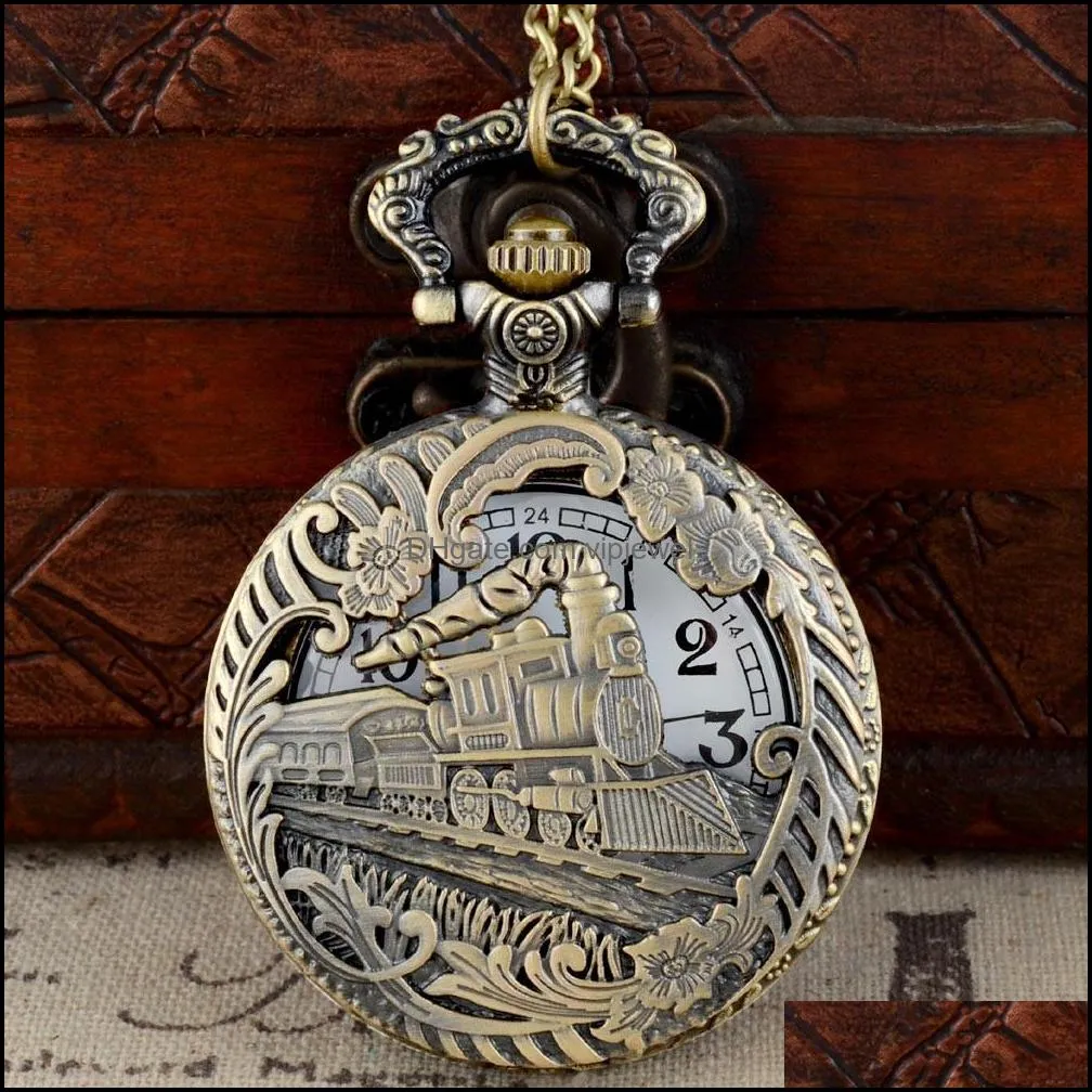 bronze hollow train theme full quartz engraved fob retro pendant pocket watch chain gift fire fighter theme