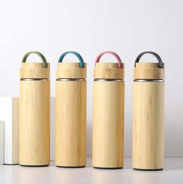 Creative bamboo water bottle vacuum insulated stainless steel cup with lid Tea strainer wooden Straight cup