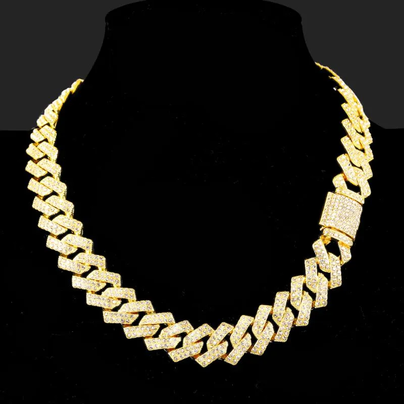 Łańcuchy Hip Hop Iced Out łańcuch betonowa naszyjnik ze strasu 15MM kolor srebrny pełna Miami Curb kubański raper naszyjniki dla mężczyzn JewelryChains