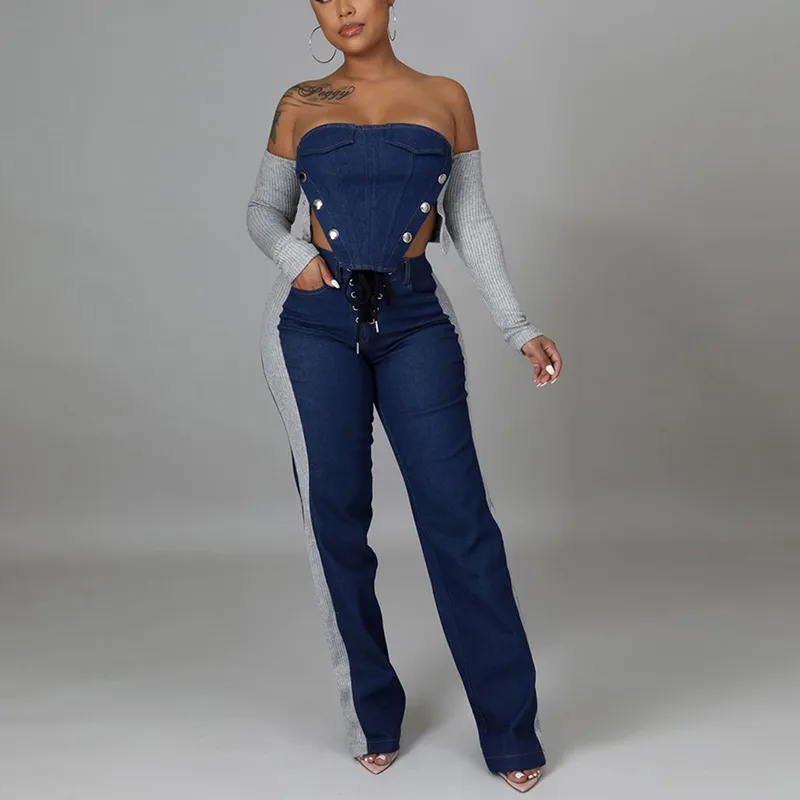 Штаты для женщин для женщин весенний Autumm Jeans Джинсовая лоскутная блузка длинные брюки модные элегантные вечерние ночные наборы 220511