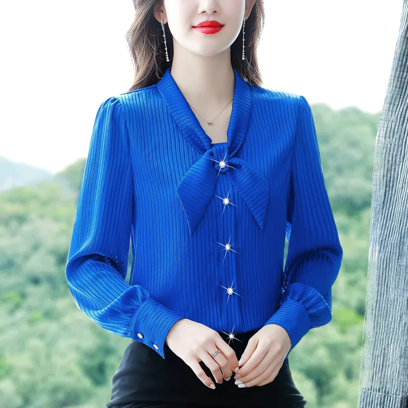 Luxe Vintage Zijden Roze Shirts Dames Designer Lange Mouw Button Shirt Dames Kantoor Fijne Elegante Strik Blouses 2022 Lente Herfst Dames Effen Kleur