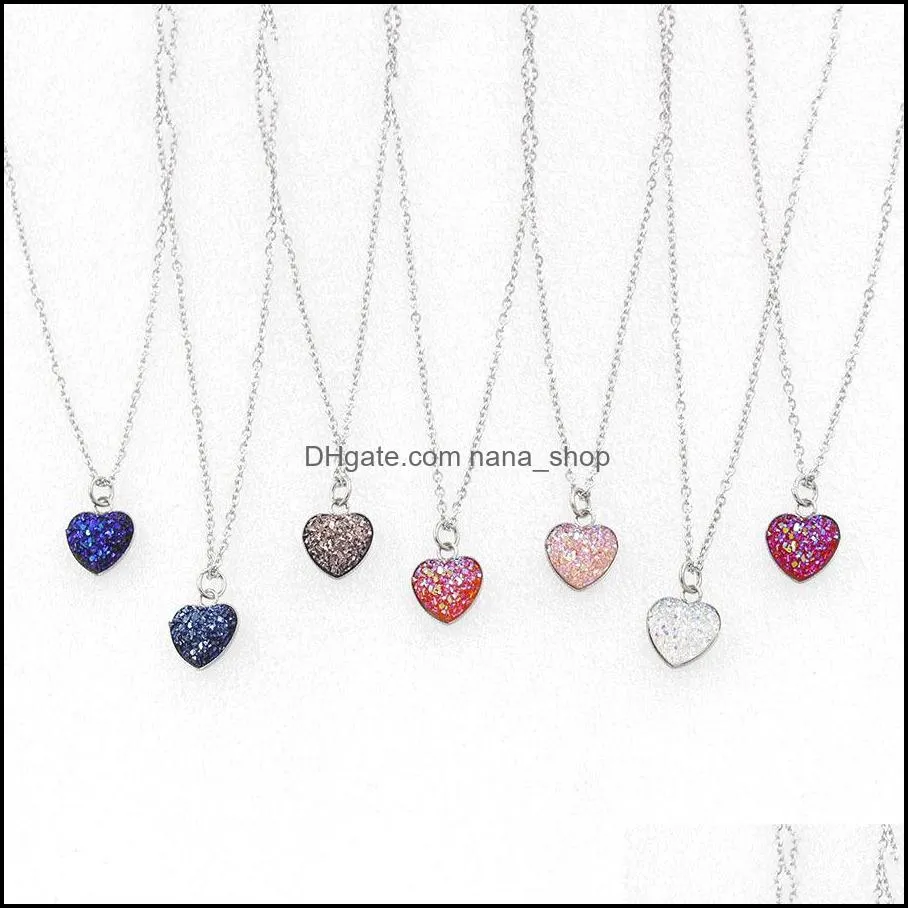 Fashion druzy drusy necklace silver Stainless steel Geometry faux natural stone resin heart love necklace for women jewelry
