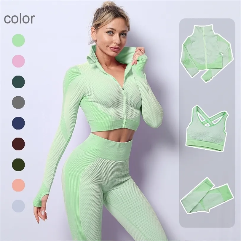 2/3PCS Seamles Yoga Set Workout Sportswear Gym Kleidung Fitness Langarm Crop Top Hohe Taille Leggings Sport anzüge 220326