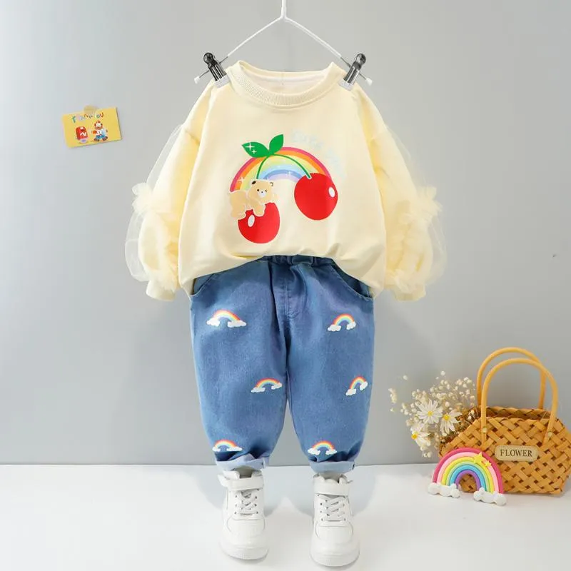 Conjuntos de roupas Autumn Roupos de menina de menina de renda de renda de renda Roupas de manga de desenho animado Cherry Sweater Terno 2pcs Toddler Long Shirt Girlthing