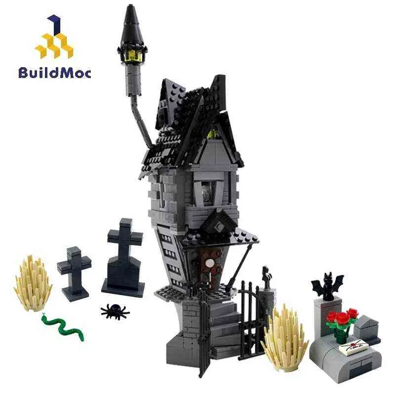 Bunch BuildMoc Creativ خبير مسكون Haunted House Home Man Home Nightmare City Christmas Halloween Town Town Architecture Building Toy T230103