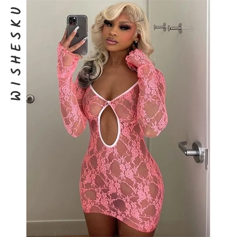 Women Mesh Lace Embroidery See Through Mini Dress Sexy Low Cut Hollow Out Long Sleeve Dresses Korean Fashion Cute Clothes 220423