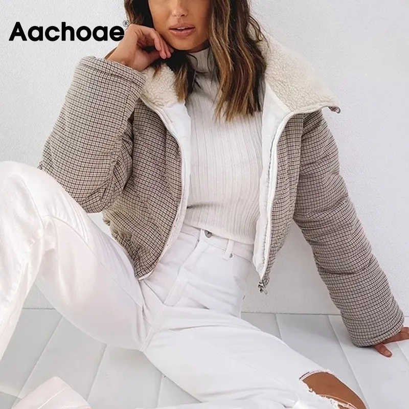 Aachoae Women Plaid Coat Winter Autumn Long Sleeve Soft Warm Jacket Female Hooded Casual Short Mujer Chaqueta SL 201027