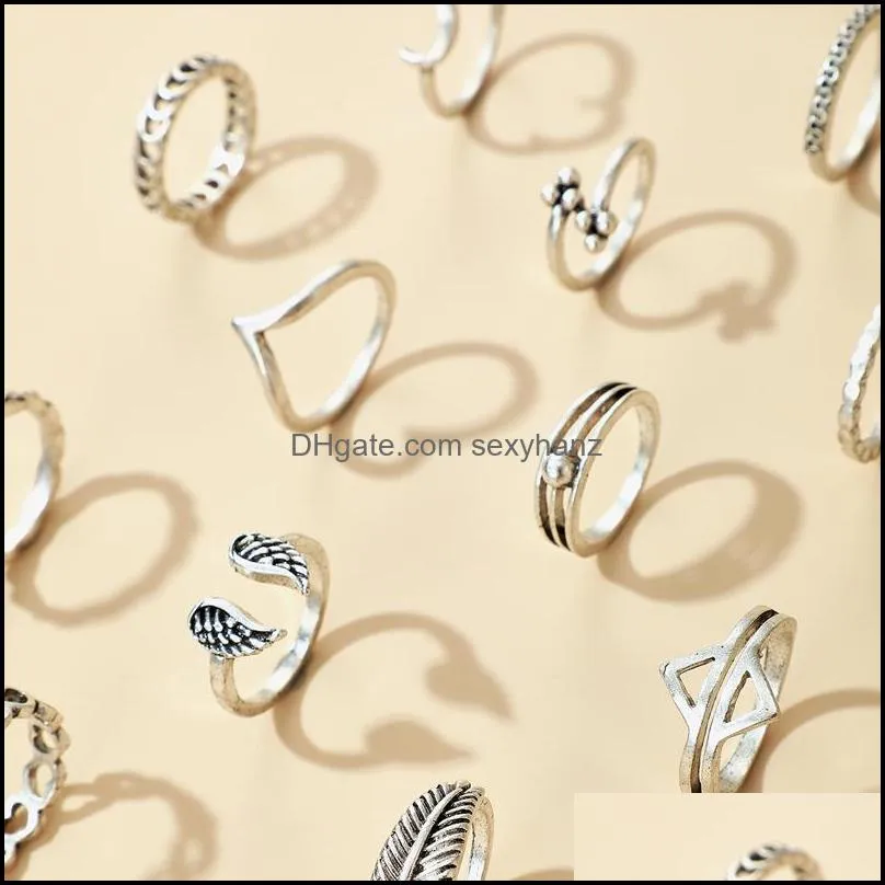 12pcs/sets vintage band rings silver color heart joint for women charm moon leaf wing geometric wedding ring jewelry