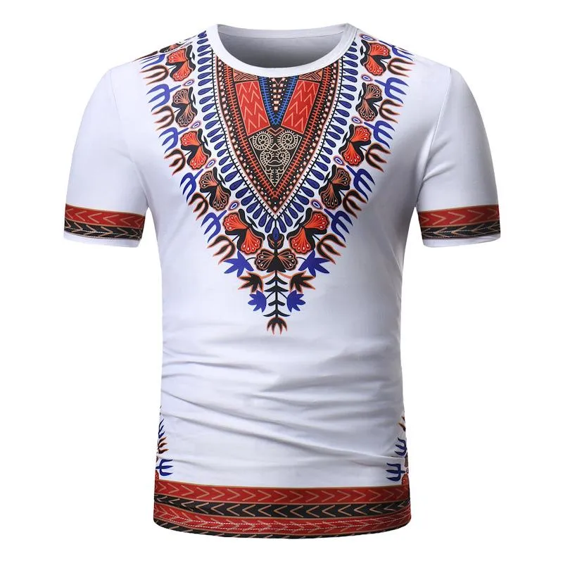 White Slim Fit Thirt Thirt Men Men African Dashiki Print T-shirt Casual Streetwear Tshirt Camiseta Hombr