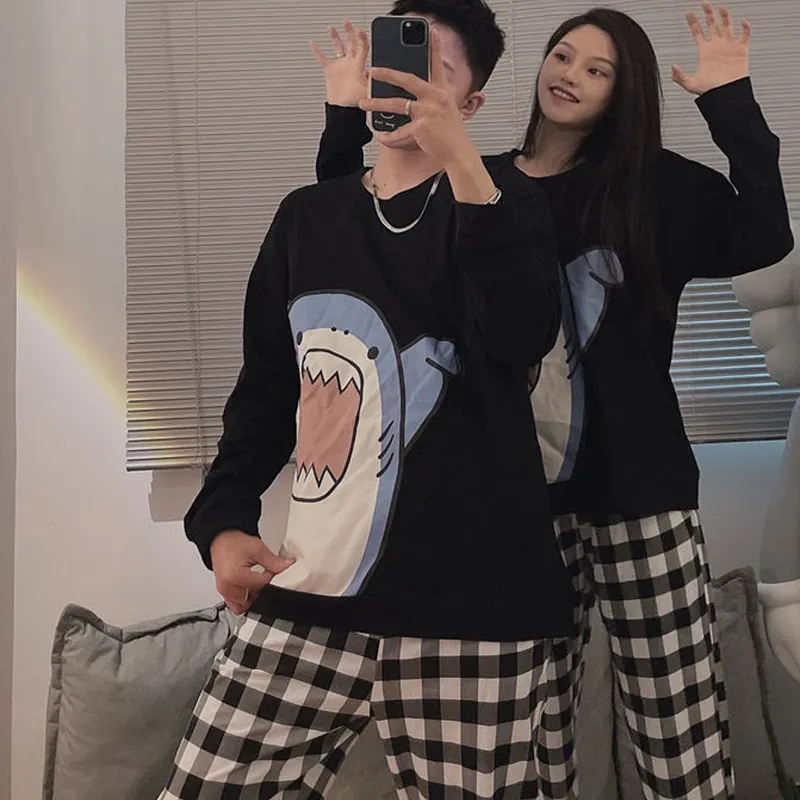 Cute Shark Print Plaid Womens Pajamas Autumn Couple Winter