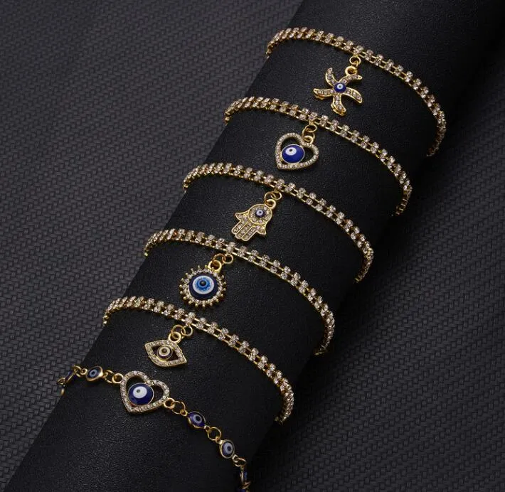 Blue Evil Eye Bracelets For Women Hand Heart Starfish Charm Crystal Tennis Chain Bange Female Fashion Party Jewelry Gift