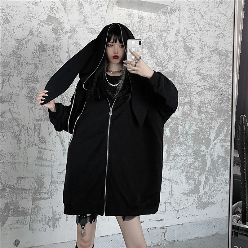 Emo Bunny Black Zip Up Hoodie For Women Autumn Winter Kawaii