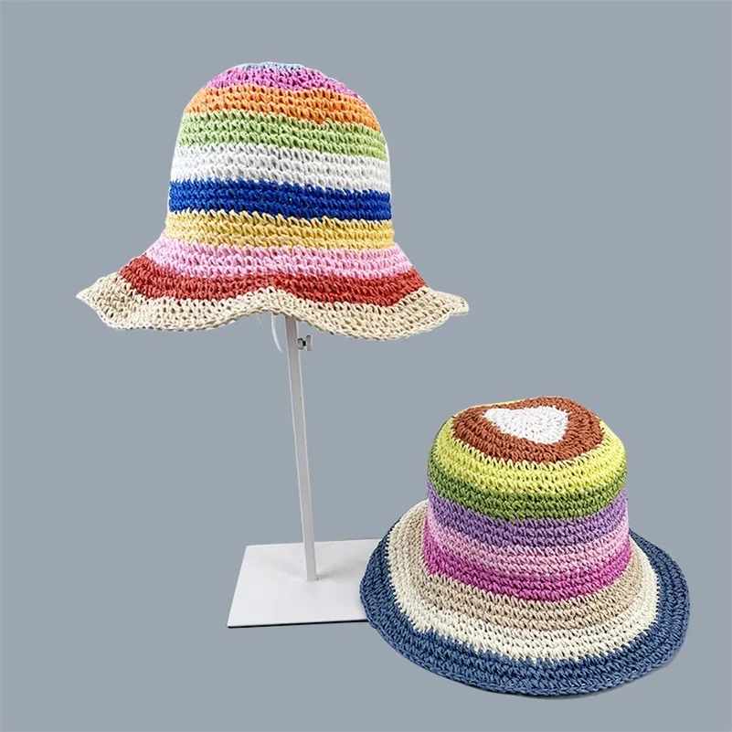 صيف القش هيت قبعة القبعة للسيدات البانما قابلة للطي قبعة أشعة الشمس قبعة بوهو ملون خطوط الصيد قبعة العطلات قبعة الشاطئ 220525