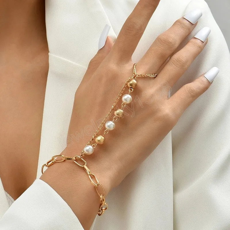 Boho Gold Hand Harness Chain With Pearl Link Bracelet And