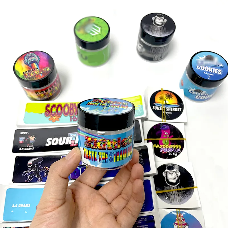 Empty 60ml 3.5G Clear Plastic Cali pack bottle Jars with 10 types strain stickers OG Cookie purple punch