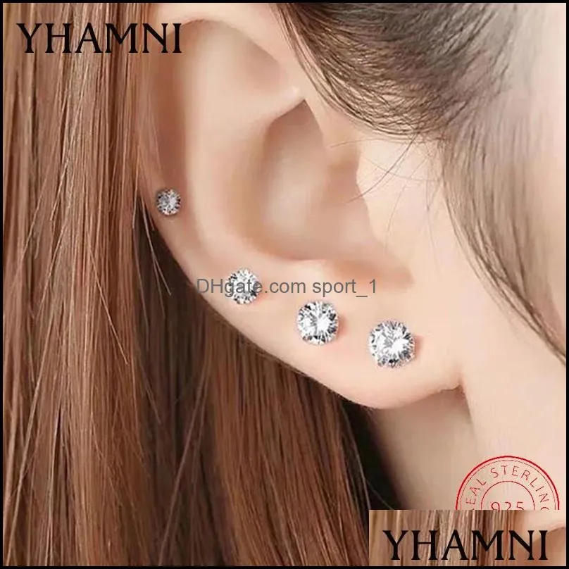 YHAMNI Original 925 Sterling Silver Earrings For Women/Men Small 3mm/4mm/5mm/6mm/7mm/8mm Zircon Stud Earrings Girl child aretes E309
