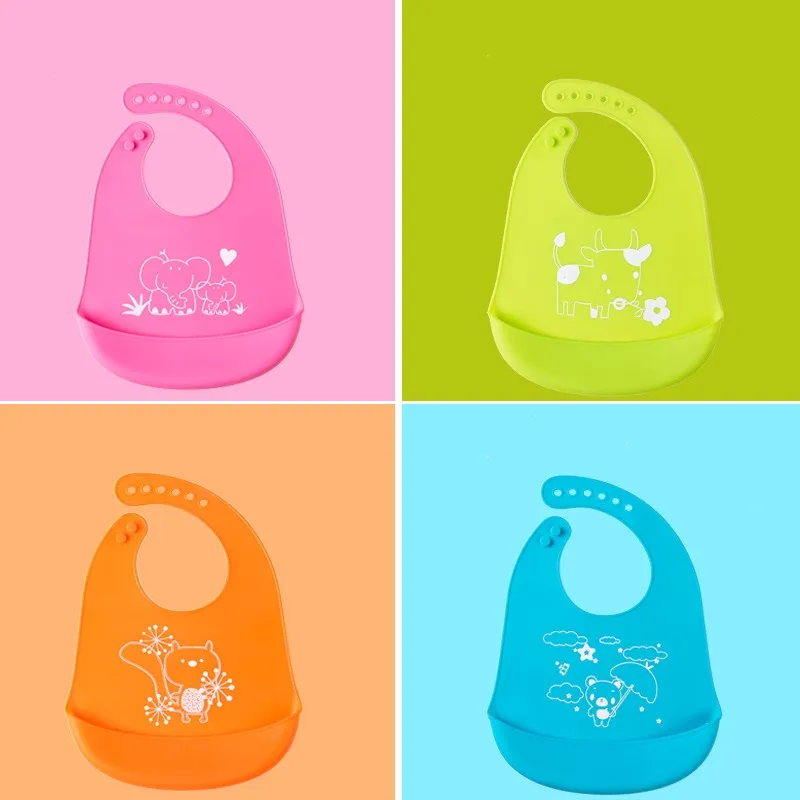 Bavoir en silicone pour enfants Sac de riz imperméable pour bébé Sac de riz imprimé Animal Couleur unie Bavoirs réglables 4 59st T2