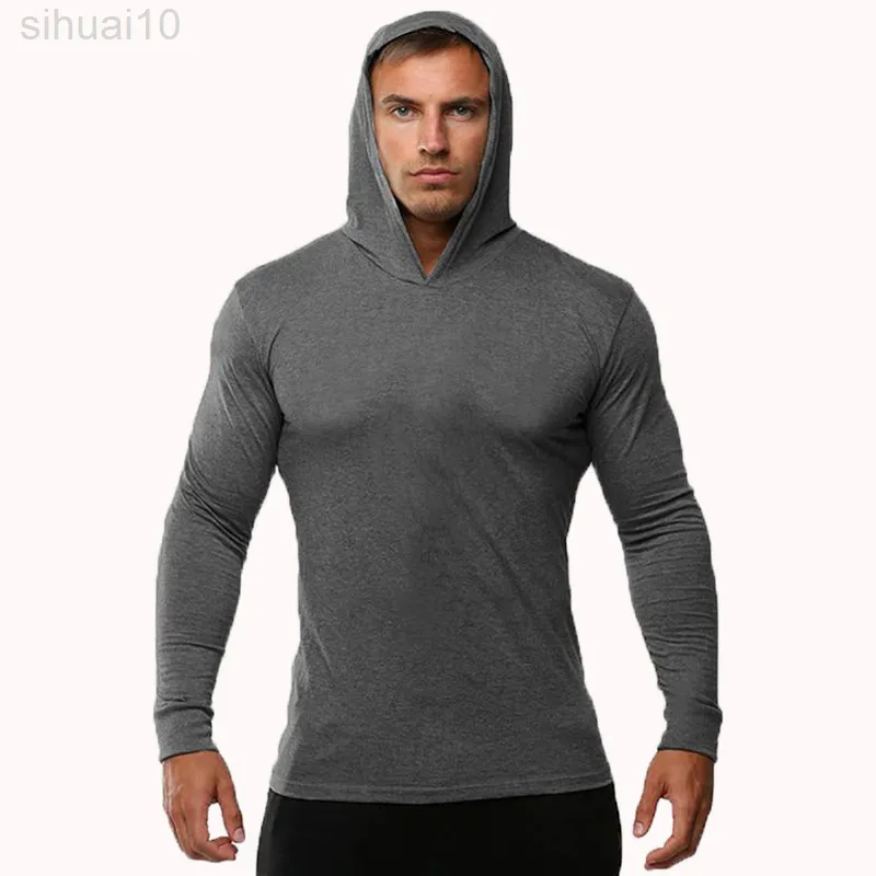 Zomer Dunne Lange Mouwen Hooded Europese Size Mannen Fitness Sport Leisure Running Training Gym 100% Katoen Trui Nieuwe L220730