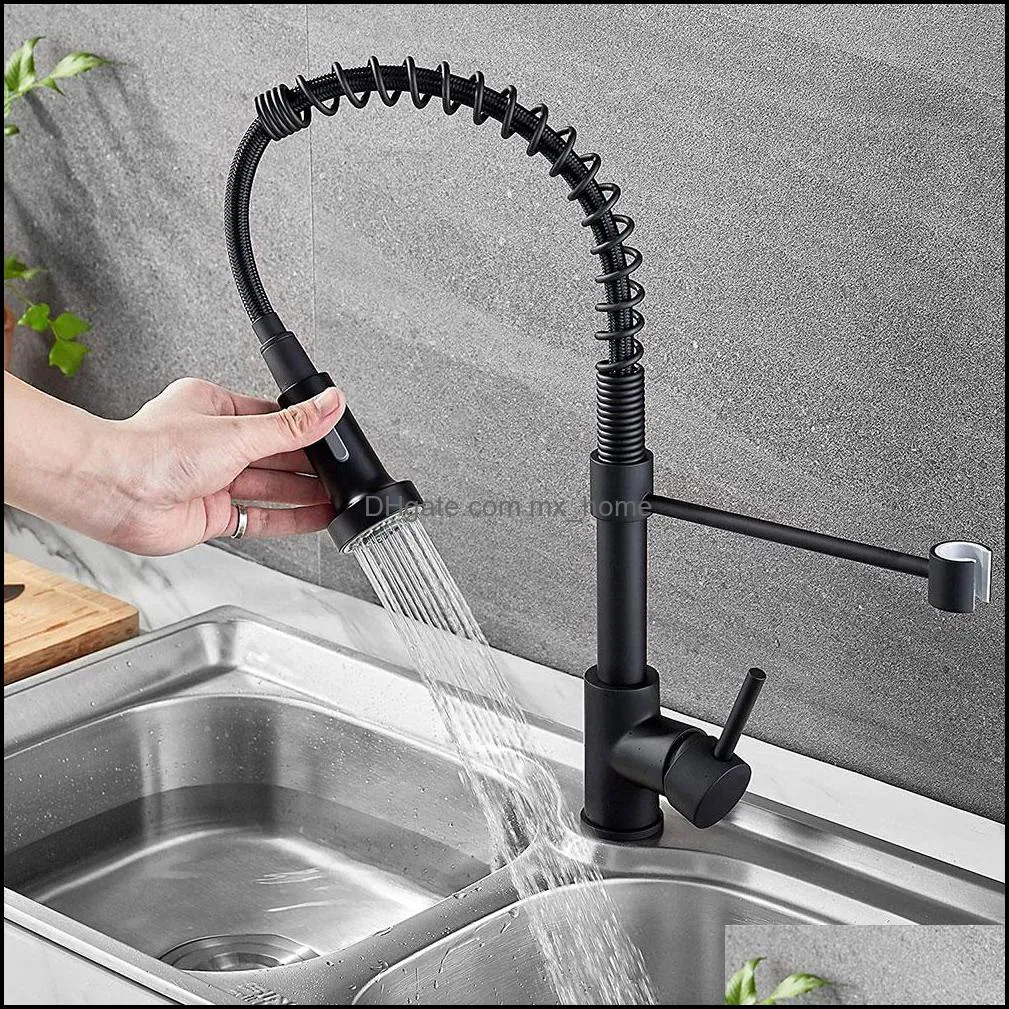 Matte Black Finish Kitchen Sink Faucet Pull Out Sprayer Deck Mount Spring Mixer Tap Swivel Spout Water