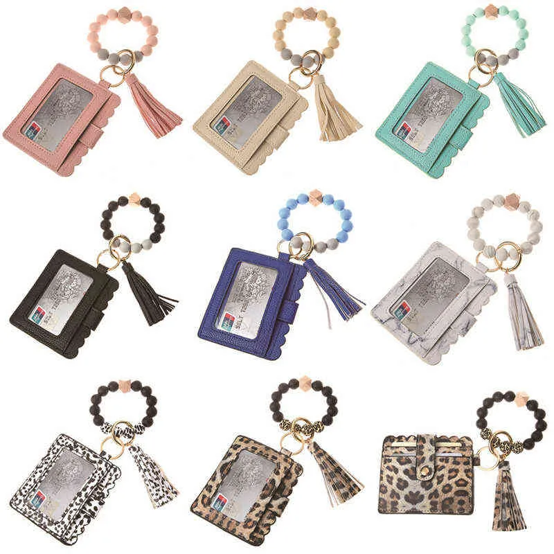 2021 Heet Multiful Keychain Wood Beads Sleutelhanger en kaart Portemonnee PU Lederen O Sleutelhanger met bijpassende polsbandje voor vrouwen Meisje AA220318