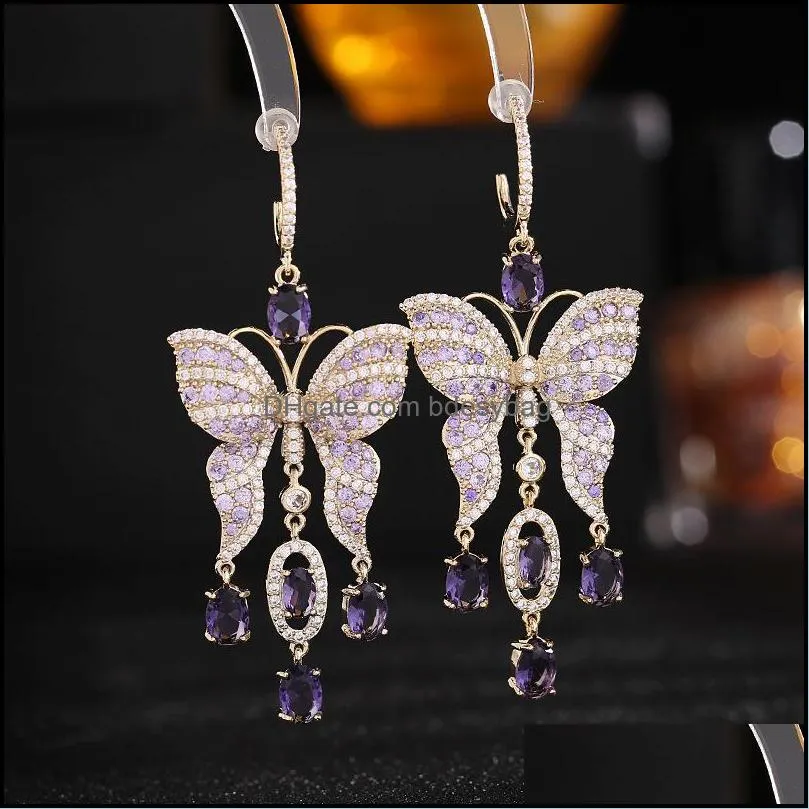 dangle & chandelier gorgeous super fairy butterfly shaped blue pink cubic zircon tassel drop earrings for women luxury jewelry