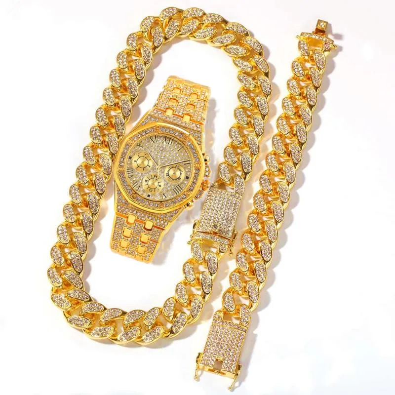 Chains Cuban Link Chain Iced Out Watch Mens Jewelry Set Necklace Watch Bracelet Hip Hop MiamiRhinestone African Choker289T