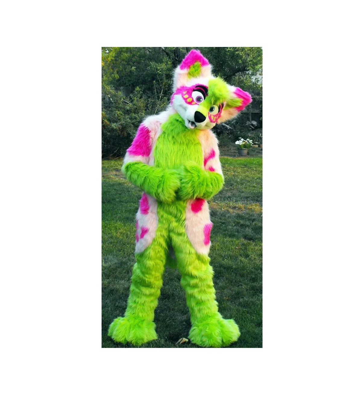 Green Husky Dog Furry Fursuit Mascot Costume Halloween Jul Födelsedagsfirande Karneval Klänning Full Body Props Outfit