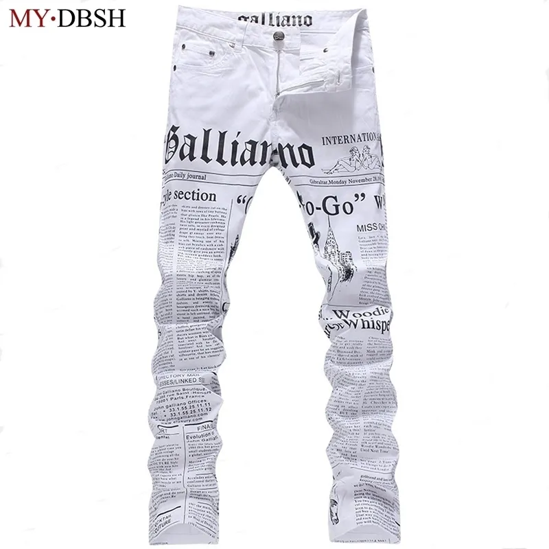 Mens John Males Galliano Top Quality Punk Rock Nightclub DS DJ Spaper Printed Pattern Slim Jeans Motorcykel Jeans 201111