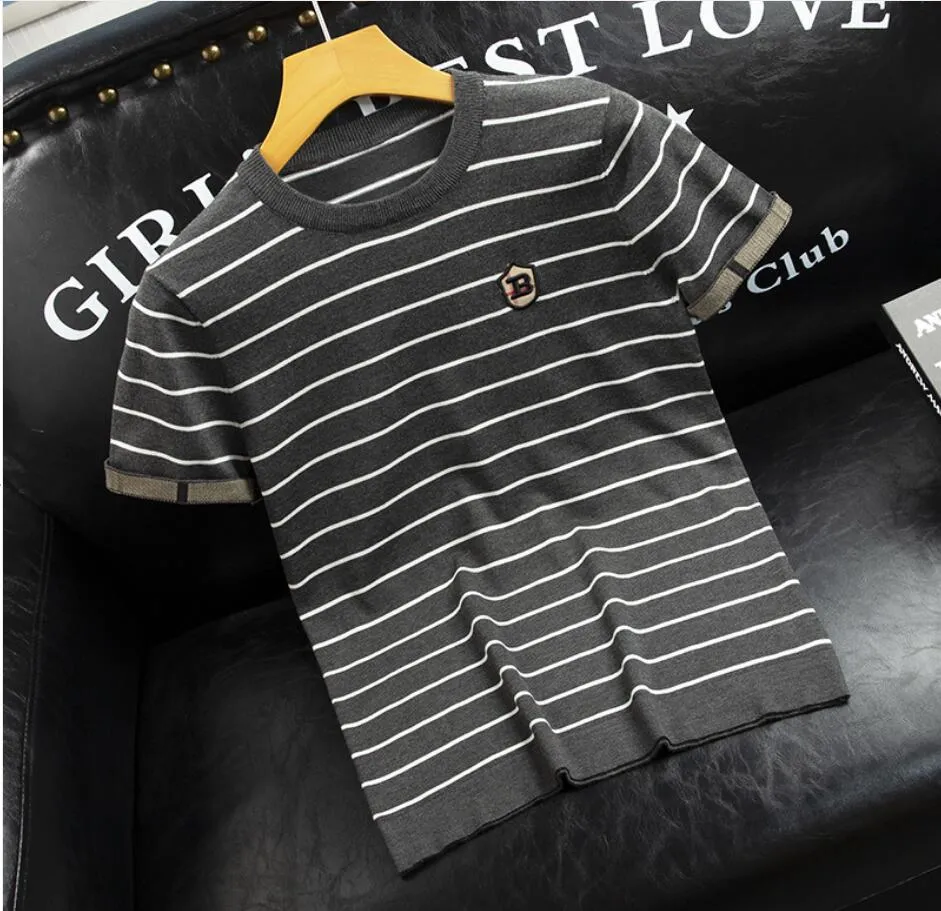 2022 striped knitted sweater short-sleeved men's round neck embroidered letters youth sweater half-sleeved t-shirt trendy fashion large size