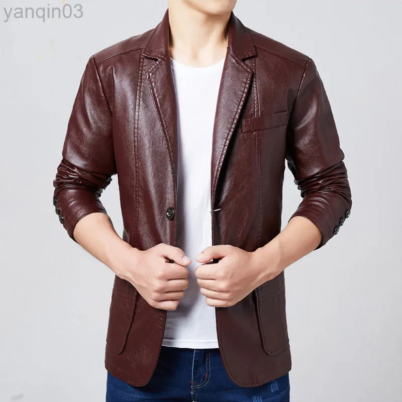 Korean Casual Suit Leather Jacket Men Spring New Fashion Youth Single Breasted Straight Zoom Loose Deri Ceket Bomber L220801