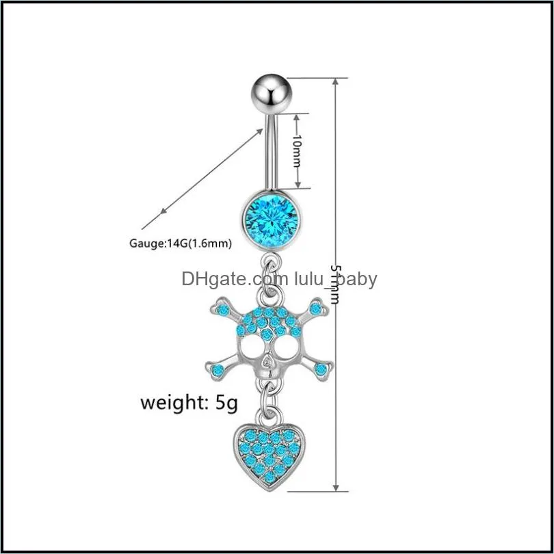 14g zircon heart belly button ring dangle skull navel piercing jewelry stainless steel barbell for women