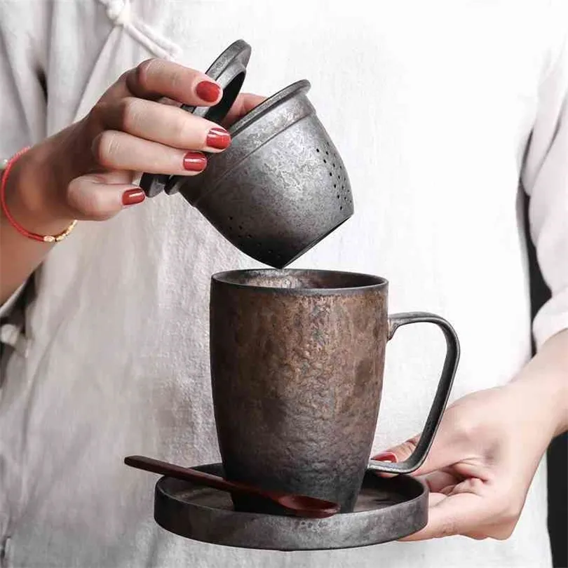 Kreative handgefertigte Ofenkeramiktasse mit Deckel, Filter, Teetasse, Bürobecher, 210409