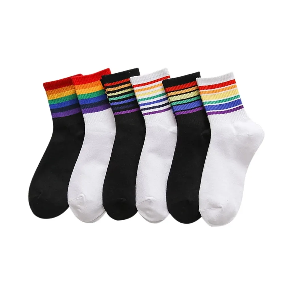 New 500 pairs Unisex Stripes Mid Men Socks Harajuku Colorful Funny Socks Men 100 Cotton 1 Pair Kawaii Rainbow Color