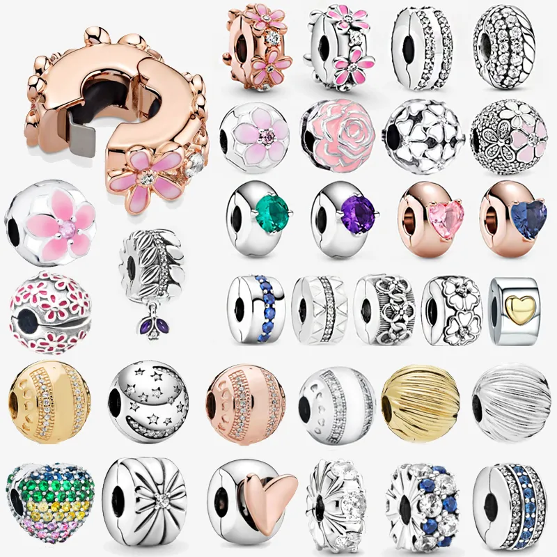 925 Zilver Fit Pandora Bedel 925 Armband Fonkelende Hart Positionele Clip bedels set Hanger DIY Fijne Kralen Sieraden