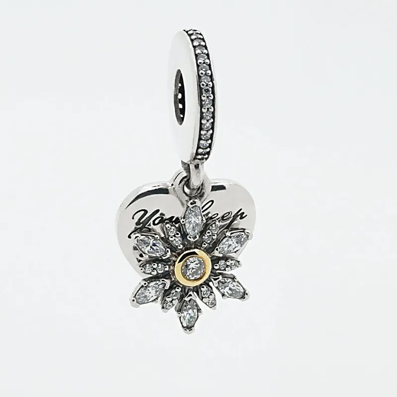 14K Snowflake Heart Charm 925 سحر Pandora Silver for Bracelets Diy Making Kits Bead Silver 14k Gold Clear CZ 792012CZ