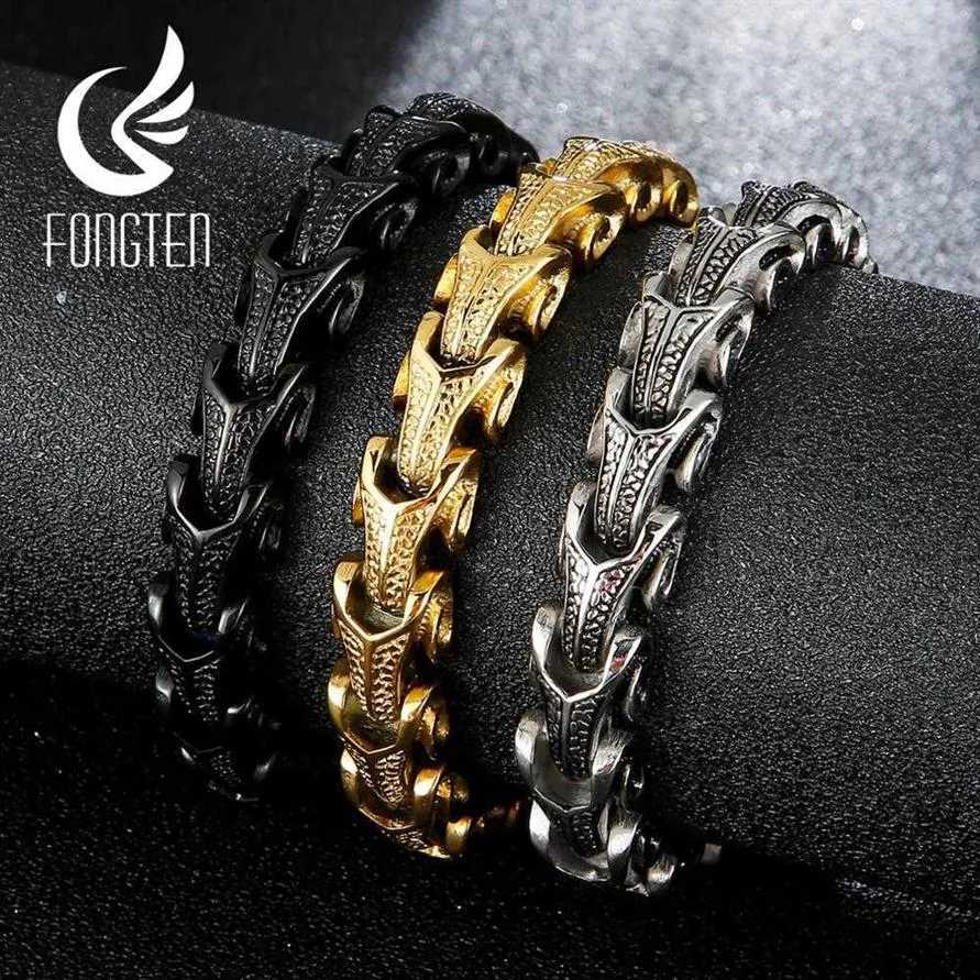 Fongten Punk Dragon Snake Link Chain Mens Bracelet 316L Stainless Steel Black Gold Silver Color Viking Fashion Bracelets Jewelry 2238B