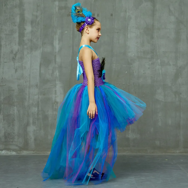 Peacock Tutu Costume Dress Child Girls Pageant Prom Ball Gown Princess Peacock Feather Halloween Birthday Party Train Dress (17)