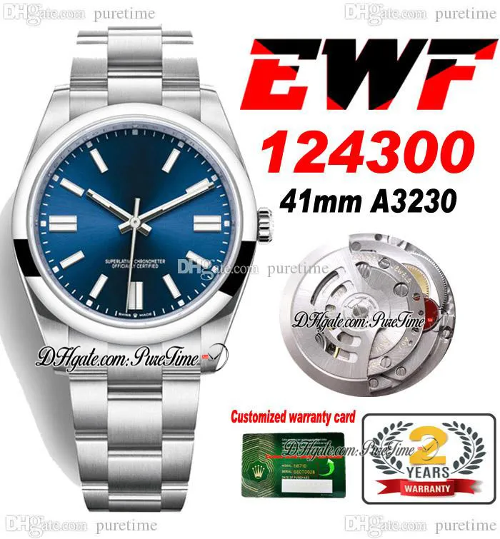 EWF 41 A3230 Automatic Mens Watch Blue Dial Stick Markers 904L OysterSteel Stainless Steel Bracelet Super Edition With Same Serial Warranty Card Puretime F6