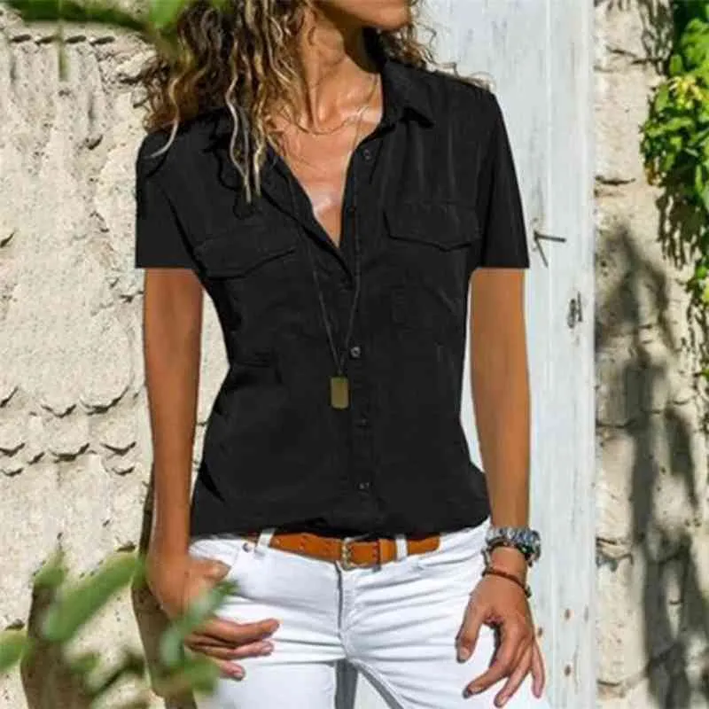 Kadın Gömlek Yaz Sonbahar Üstü Kadınlar için Bluz Bluz Gündelik Kadın Üstler ve Bluzlar Kısa Kol Siyah Beyaz Bayanlar Bluz Gömlek 210401