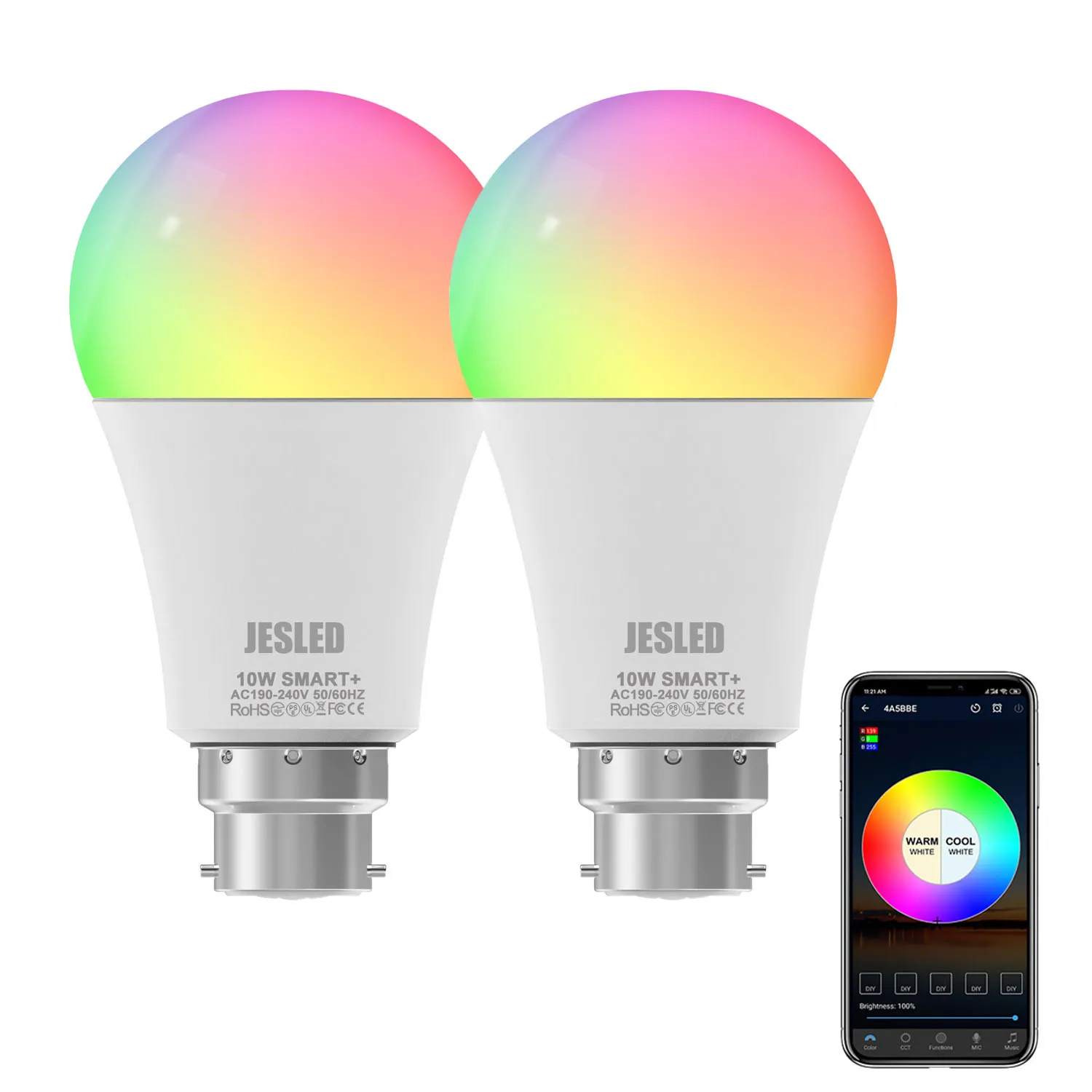 10W 조명 전구 B22 E27 색상 변경 WiFi LED 전구 2700K-6500K RGBCW DIMMALE SMART BOURB LED LIGHT ALEXA 파티 바 KTV를위한 Alexa Home