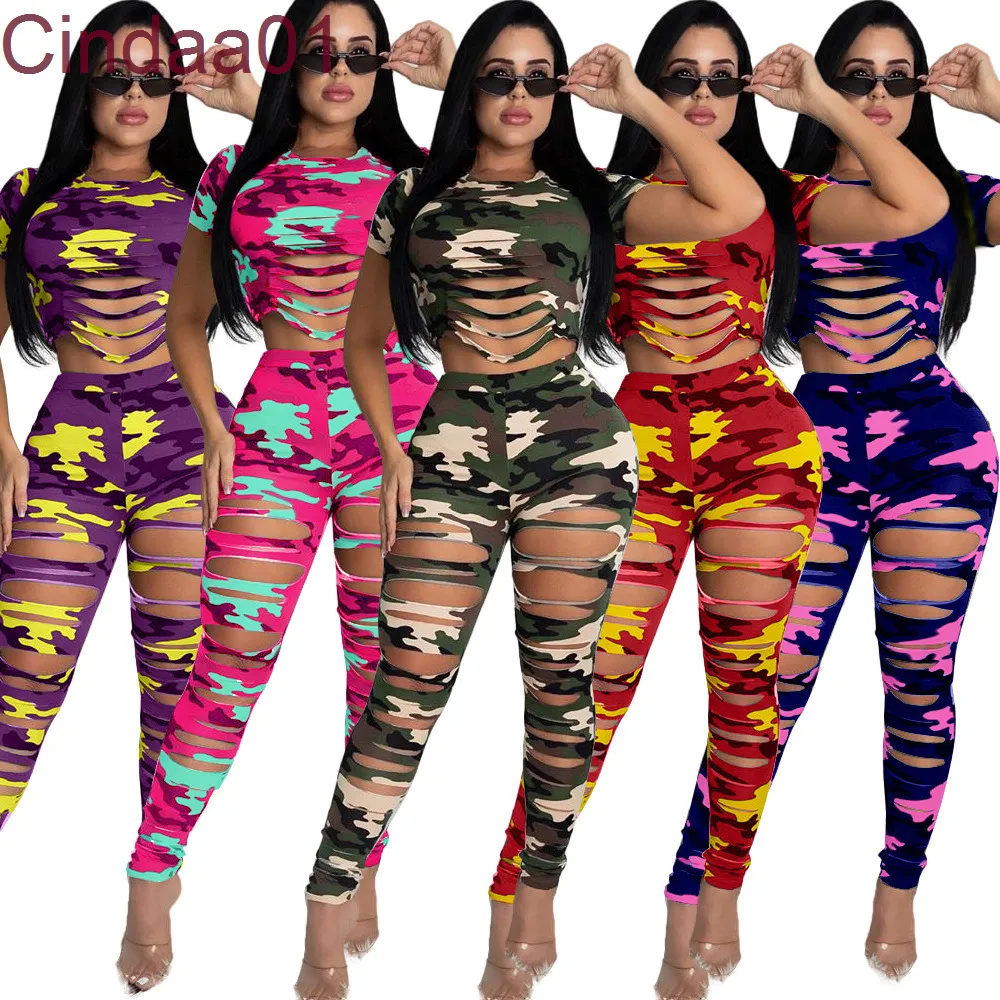 Designer Femmes Survêtements Deux Pièces Ensemble Slim Sexy Trou Camouflage Imprimé Loisirs Sport Costume Dames Tenues