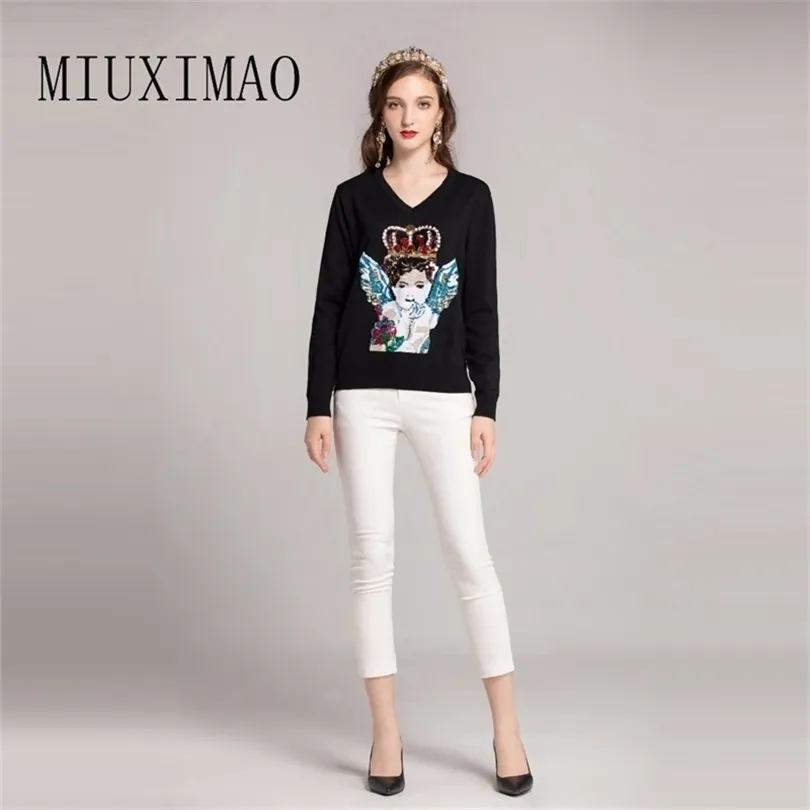 Europe Style Autumn New Arrival Fashion VNeck Full Sleeve Pullovers Sequined Character Black Sweatshirts Women T200113