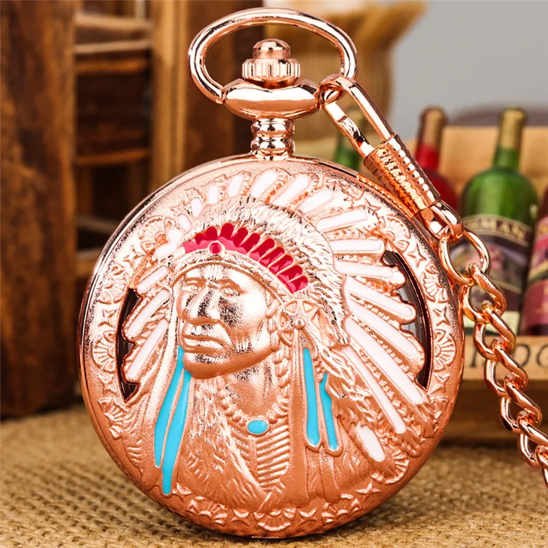 Steampunk Pocket Watch Rose Gold Indian Men Cover Men Women Quartz Analog Pocket Watch with 30cm Pendant Chain Gift