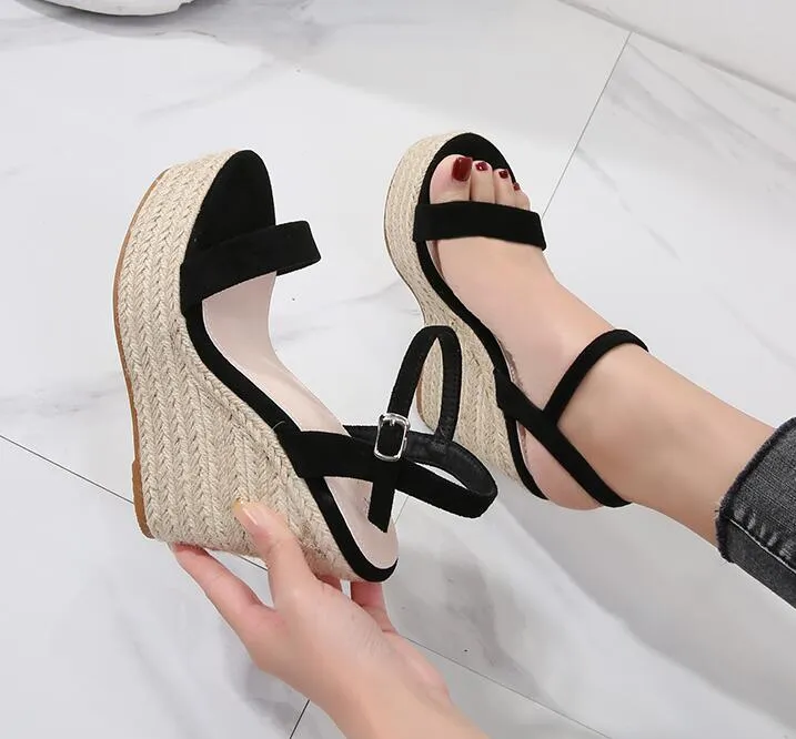 Plus size Women suede wedge Sandals Ankle Strap Genuine Leather open toes platform Super High heel Buckle Strap luxury sexy lady shoes