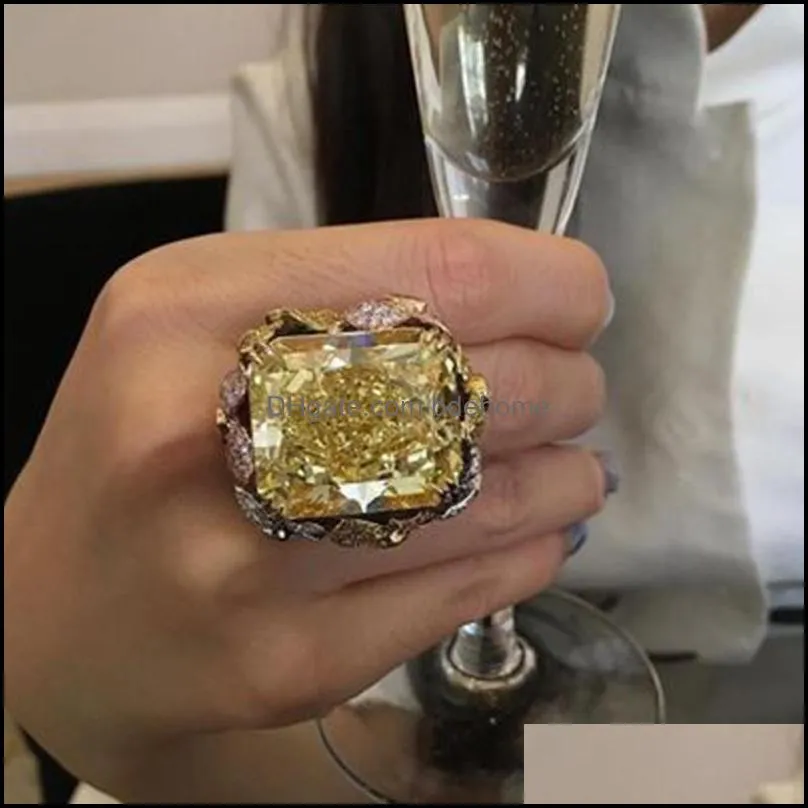 Pierścienie zespołowe Jewelry kwadrat żółty cyrstal zaręczynowy pierścionek szampanowy wielki cyrkon dla kobiet zabytkowe dostawa 2021 7KZSW