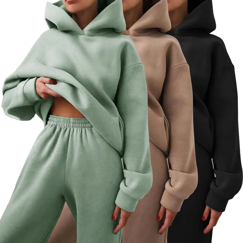 Trainingspak voor dames Herfstmode Warme hoodie Sweatshirts Twee stukken Oversized solide casual hoody pullovers lange broeksets