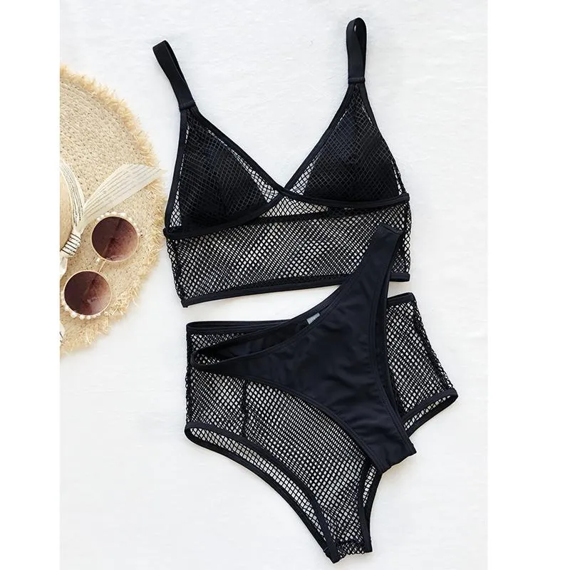 Kvinnors badkläder Mesh Three Pieces Suits Black Sexy Brasilian Bikini Set High midje baddräkt Kvinnor Push Up Bathing Suit 2022 Biquinis