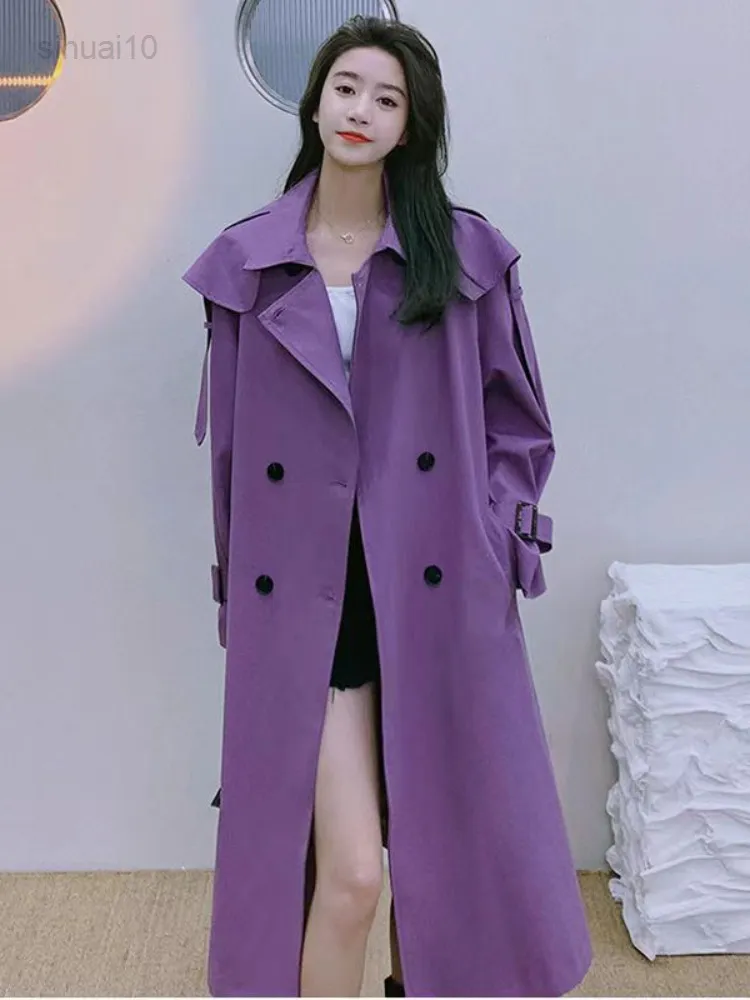 Женские куртки осень фиолетовый двухбортный пурпурный транш-платье Женщины с длинными рукавами потеряли кружевную модную плащ для женщин L220725